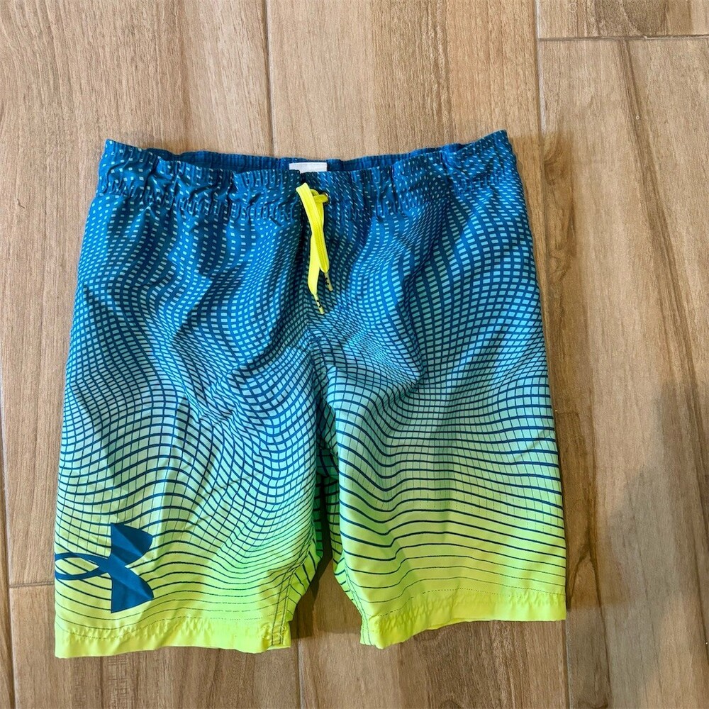 Under Armour Boys Swim Trunks Blue Neon Green Gradient Drawstring 10-12